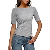 DCCISU Women's Boat Neck Top Half Sleeve Ruched Side Fitted T-Shirt Basic Casual Slim Tee