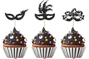 Gyufise 24Pcs Masquerade Masks Cupcake Toppers Glitter Bachelorette Party Mask Cupcake Food Fruit Picks Masquerade Mardi Gras Party Baby Shower Birthday Party Cake Decorations Black