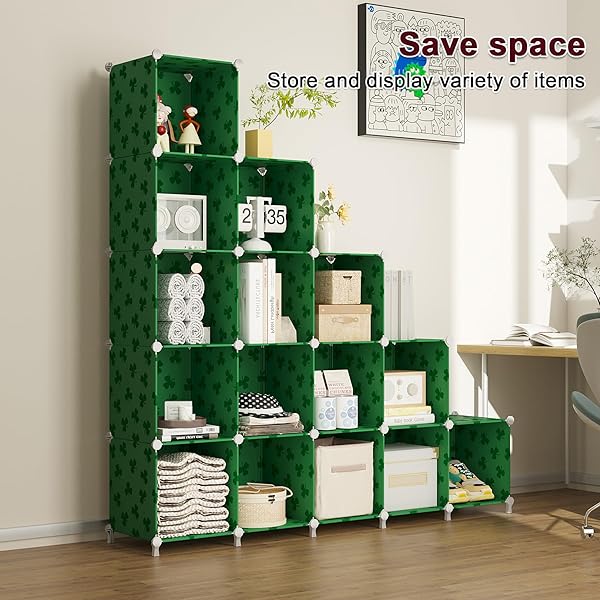 UNKU CUBE STORAGE ORGANIZER, 16 CUBE CLOSET ORGANIZER STORAGE SHELVES, DIY STACKABLE BOOKCASE, CLOTHES ORGANIZER SHELF FOR CLOSET, BEDROOM, LIVING ROOM, CABINET, HOME, OFFICE, GREEN