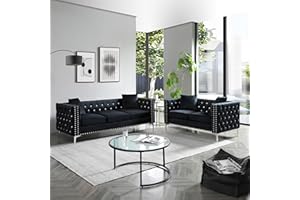 Fulocseny 2 Piece Modern Velvet Upholstered Living Room Sofa Set with 3-Seater Sofa and Loveseat, Jeweled Button Tufted Copper Nails Square Arms, 4 Pillows Included,5 Seater (Black + Velvet)