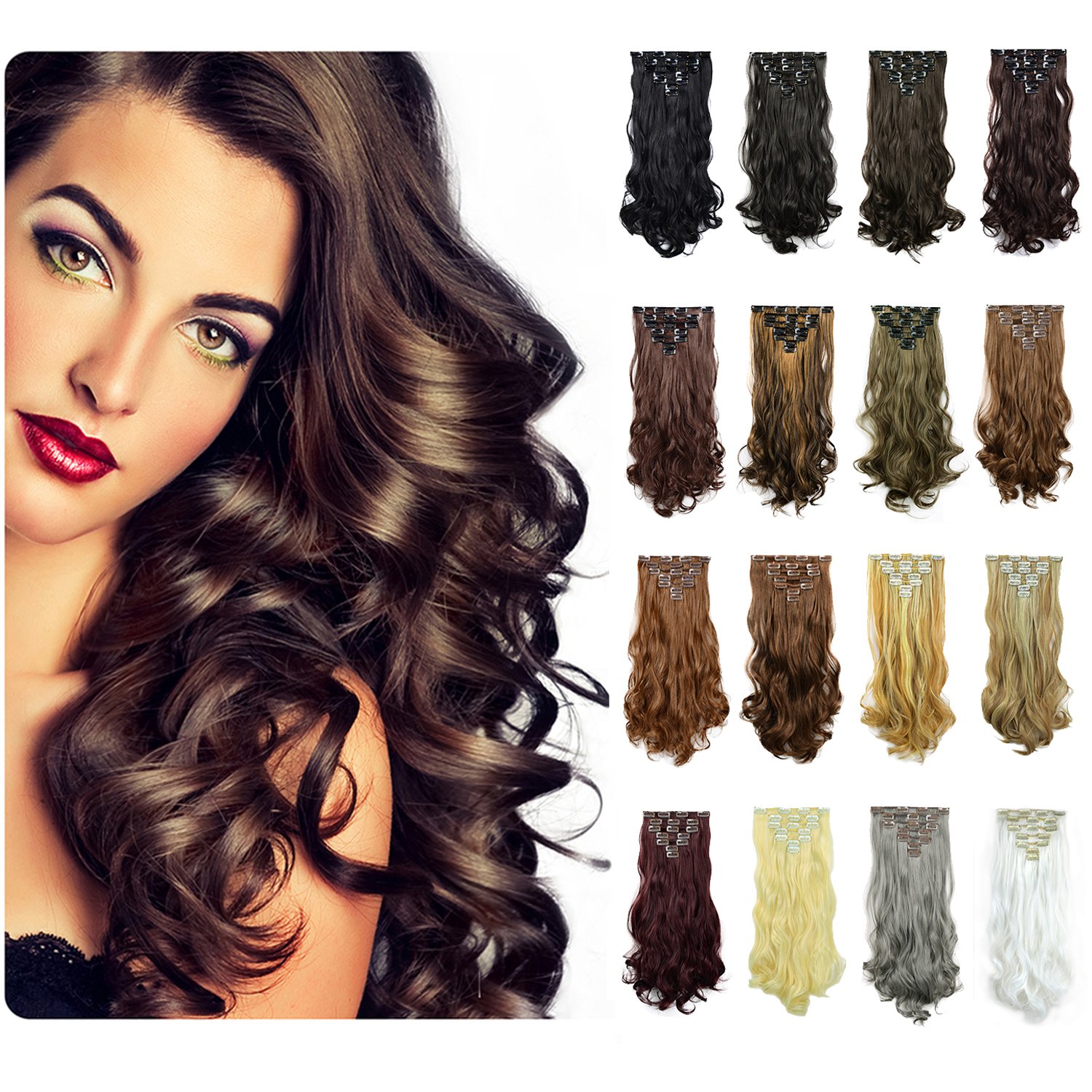 Feshfen 20inch 7pcs 16clips Full Head Clip In Hair Extensions Long