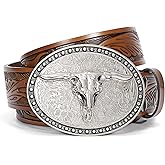 SANSTHS Western Belt Cowboy Belts for Men Women, Western Leather Belts Bull Buckle Belt Embossed Leather Belt for Jeans