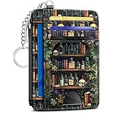 Kelvoris Goth Bookshelf Skull Credit Card Holder Small Wallet Women, Gothic Witchy Slim RFID Blocking Wallet Woman Keychain Zipper Coin Pocket, Front Pocket Thin Travel Card Case ID Window Ladies Gift