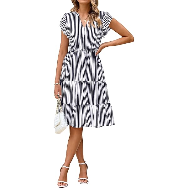 BLENCOT Vestido De Verano Para Mujer, A Rayas, Manga Corta, Cuello En V, Vestido Casual Con Abertura Lateral, Ropa De Playa, Rayas Rojo Blanco