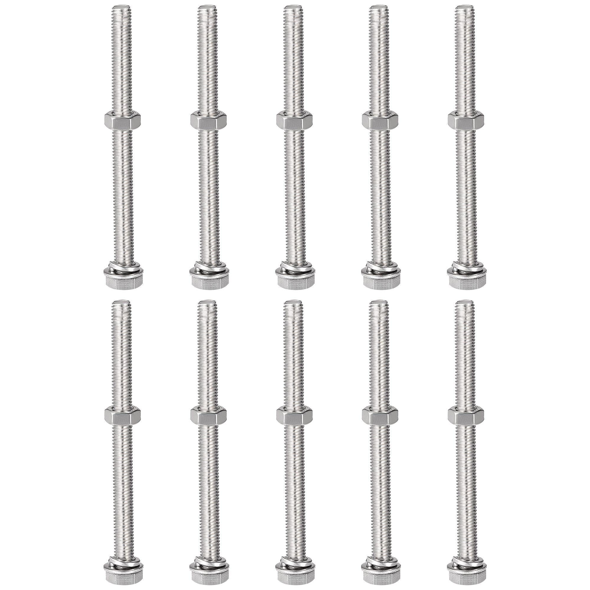 sourcing map M8 x 100mm Hex Head Screws Bolts, Nuts, Flat & Lock Washers Kits, 304 Stainless Steel Fully Thread Hexagon Bolts 10 Sets โ image 1