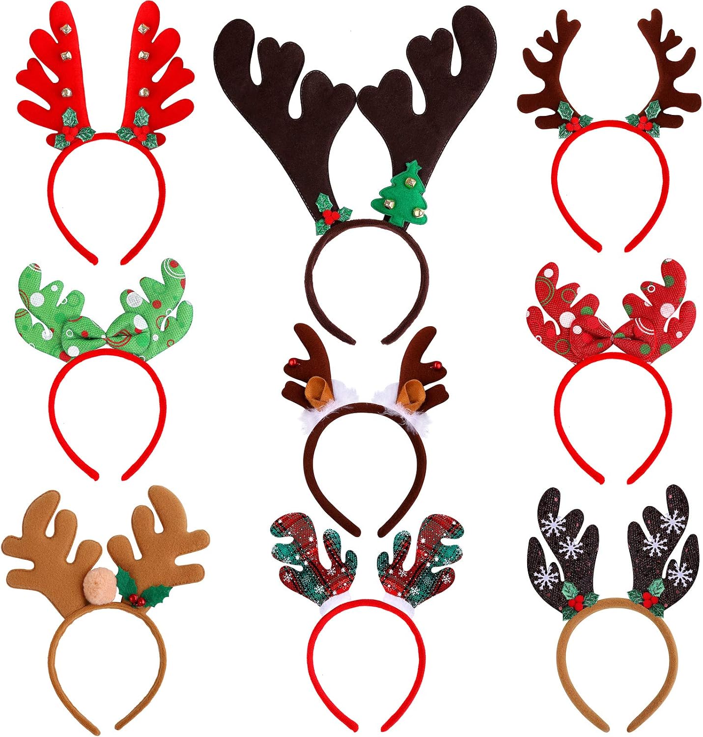 Ruisita 9 Pack Christmas Reindeer Headband Ornaments Christmas Antlers Costume Headwear Decoration Assorted Styles Christmas Party Gifts for Christmas Holiday Party