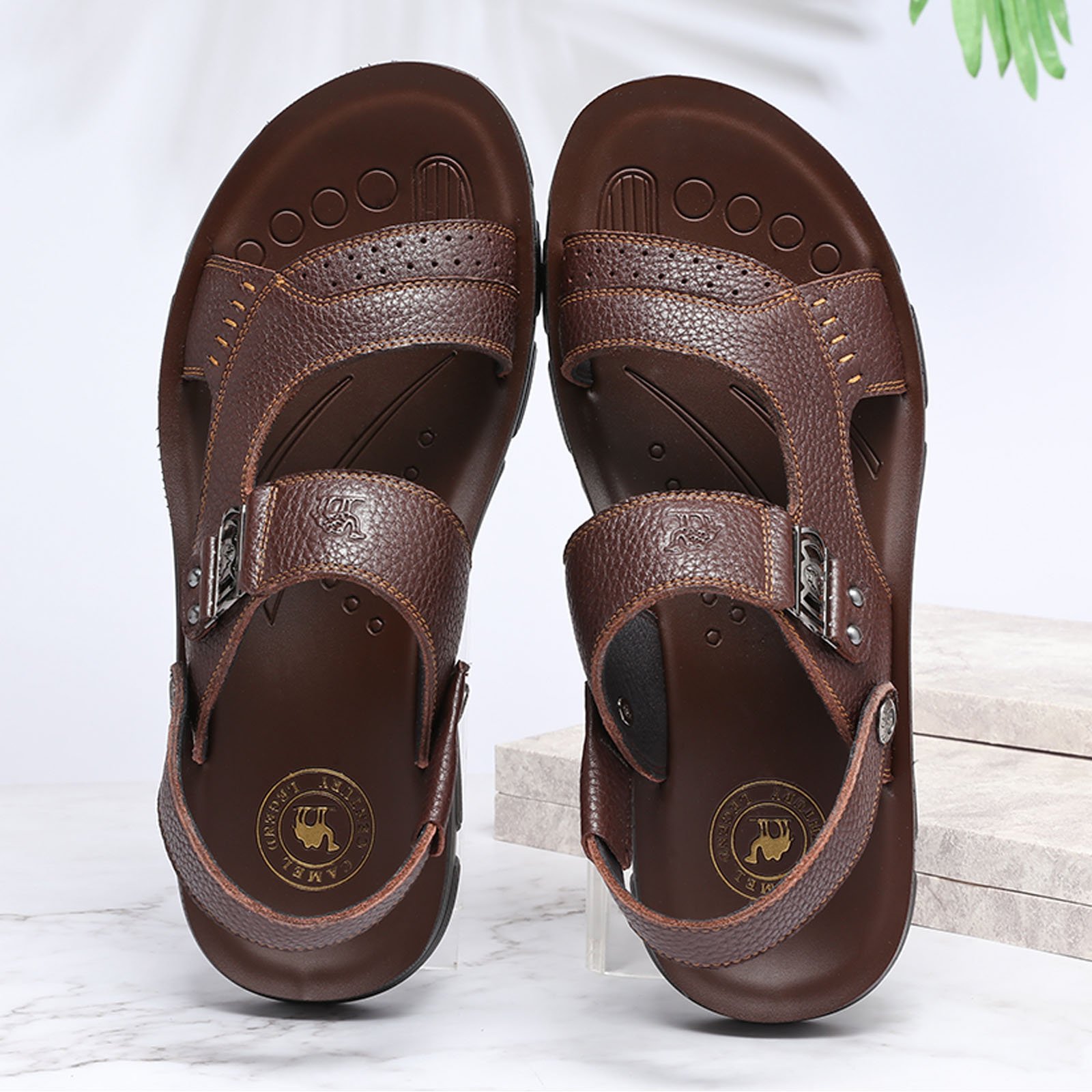 CAMEL CROWN Mens Leather Sandals Comfortable Walking for Beach Treads Water Summer Fashion Beach Indoor Slippers