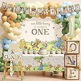 154pcs Winnie Pooh First Birthday Decorations Party Set, Classic Pooh Bear 1st Birthday Month Banner, High Chair Banner, ONE Box, Balloon Arch, Crown, Tablecloth, Backdrop, Cake Toppers and Stickers