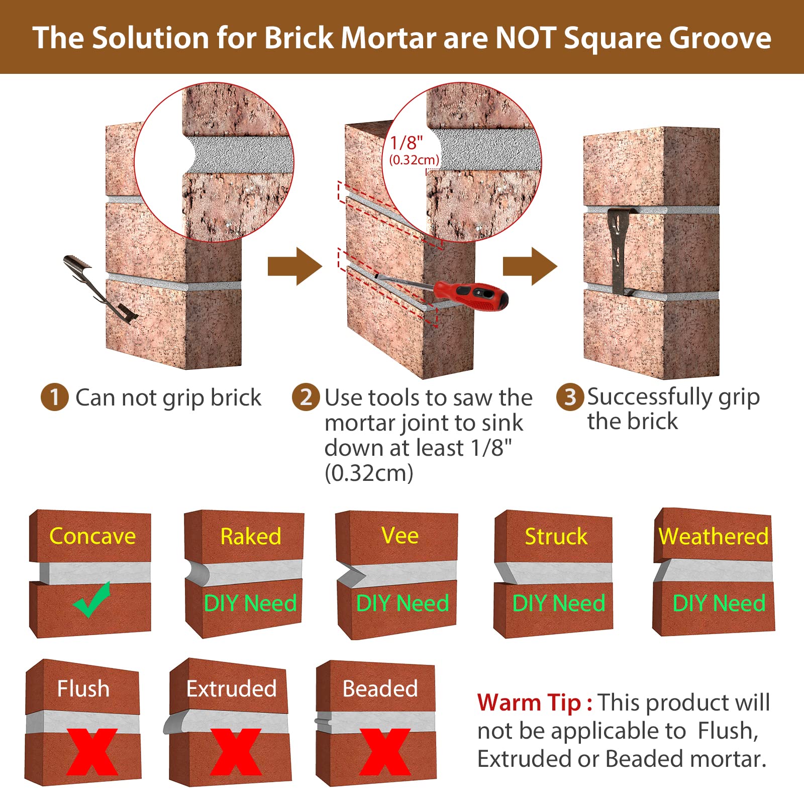 Brick Hook Clips (24 Pack) for Hanging Outdoors, Hangers Fits Standard Size Brick 2-1/4