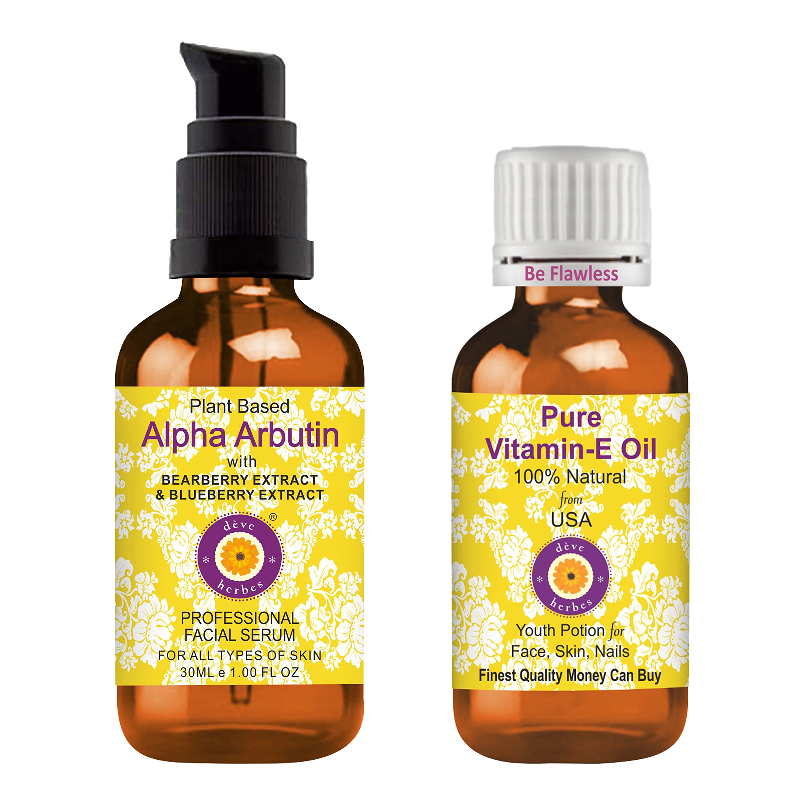 Deve Herbes Plant Based Alpha Arbutin Face Serum with Bearberry, Wheat, Mulberry, Blueberry & Pomegranate Extract for Personal Care 30ml (1 oz) + Pure Vitamin E Oil 30ml (1 oz)