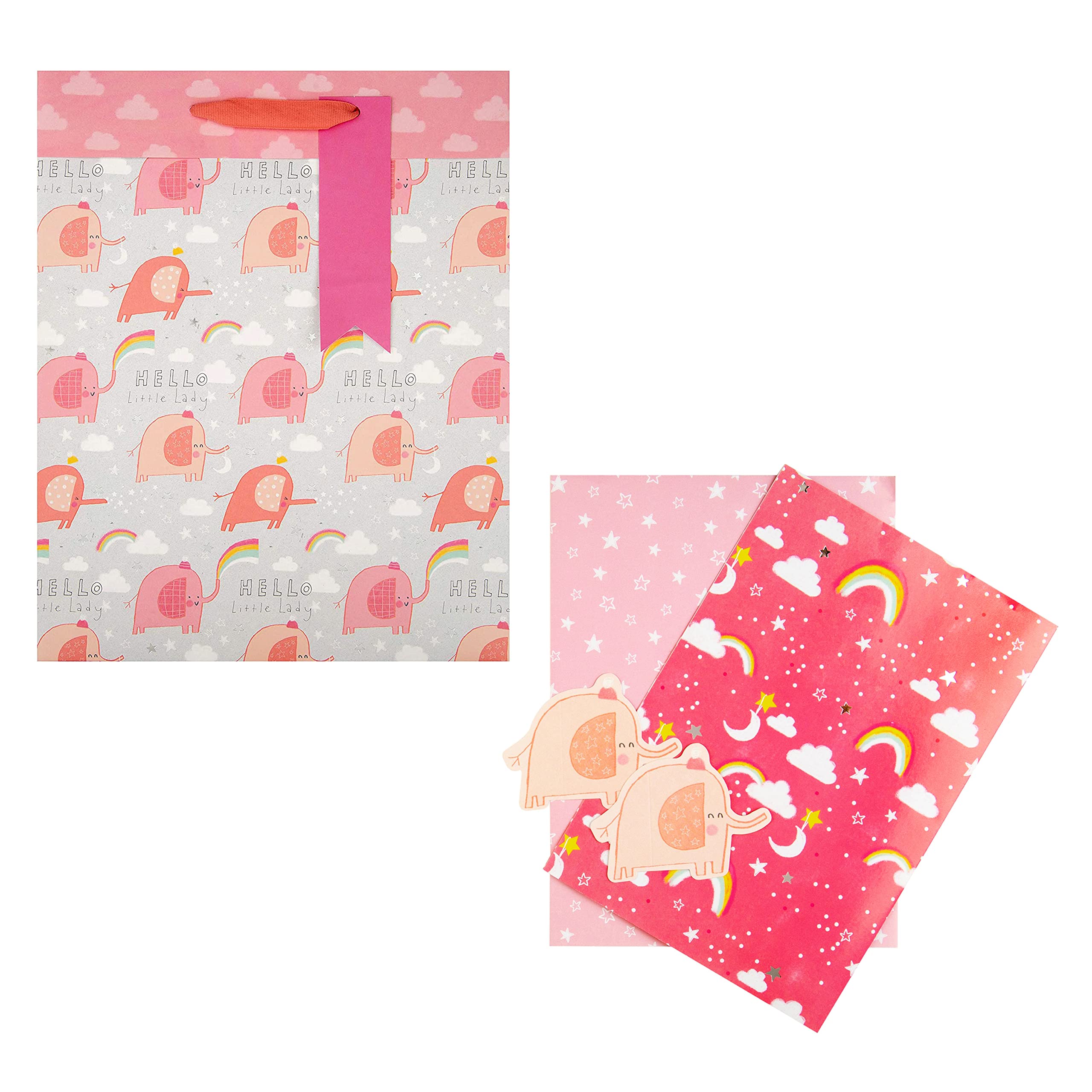 Hallmark Baby Girl Gift Bag and Gift Wrap Bundle - 1 Large Gift Bag and 2 Paper Sheets in 1 Cute Design