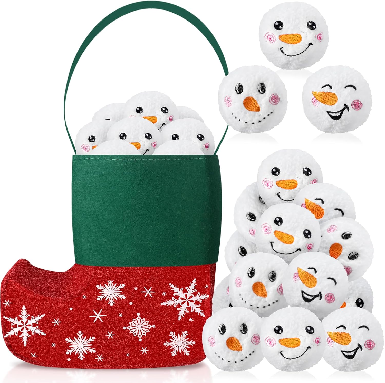 Artificial Snow - Sadnyy 24 Pack Christmas Snowball Fight Balls Snowball Fun Set, Fake Snowballs with Red Green Felt Elf Boot Pail, Snowmen Balls with Snowman Bag for Christmas Winter Snow Games Decorations, 3 Styles