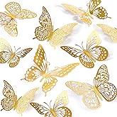 SAOROPEB 3D Butterfly Wall Decor 48 Pcs Gold Butterfly Birthday Decorations | 4 Styles 3 Sizes, for Butterfly Birthday Decorations Butterfly Party Decorations Cake Decorations, Removable Stickers