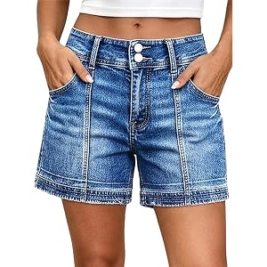 Flamingals Mid Waist Denim Mid Thigh Length Dual Shorts for Women | Button Wash Stitch Detail Jean Shorts with Pockets