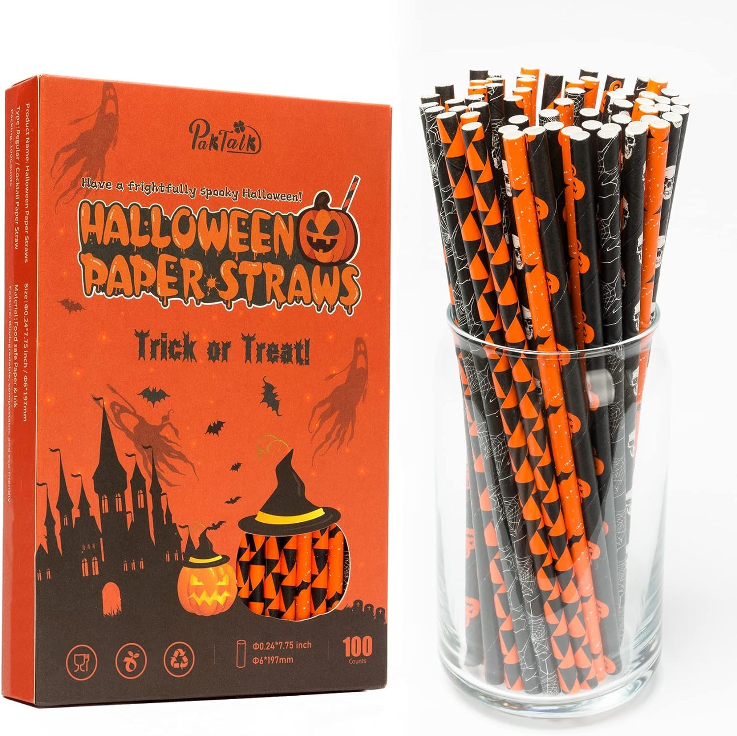 PakTalk Halloween Paper Straws 6 Pcs Halloween Black Orange Drinking Straws 100 Pcs Disposable Straws Spider Skull Bat Pumpkin for Halloween Party Supplies