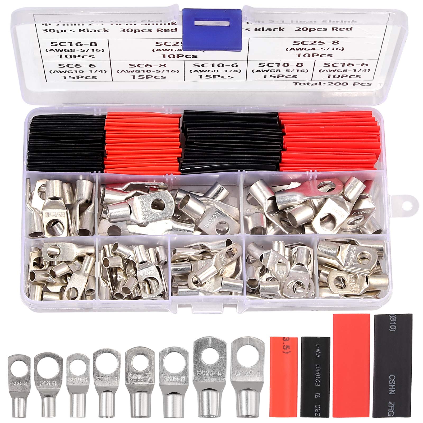 Proster Heavy Duty Battery Cable Ends (8 AWG, Ring Terminal, Copper), GF1520 with 100 PCS 2:1 Heat Shrink Tubing Kit (Black, Red)