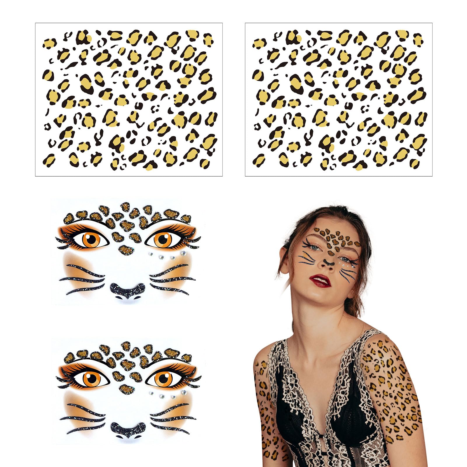 XNIVUIS 4 Pieces Leopard Face Art and Tattoo Stickers, Temporary Tattoos, Glitter Face Stickers for Festival, Party, and Stage