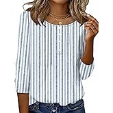 Ivicoer Women's 3/4 Length Sleeve Tops Crewneck Button Pleated Dressy Casual Blouses