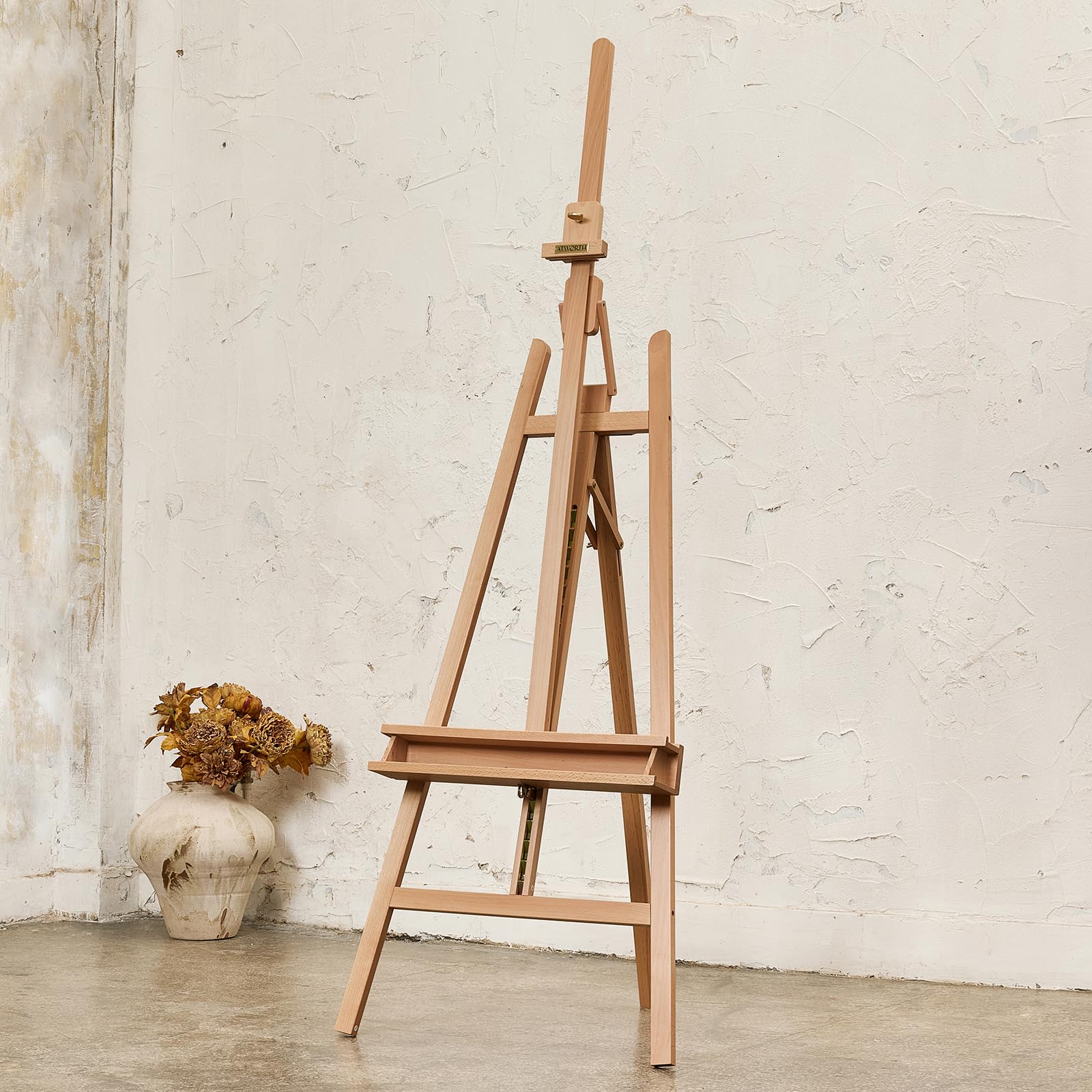 View 1 of  Studio Art Easel,Solid Beech Wood Artist Easel,Hold Canvas up to 48”, Adjustable A-Frame Lyre Style Painting Easel Stand with Storage Tray, Natural