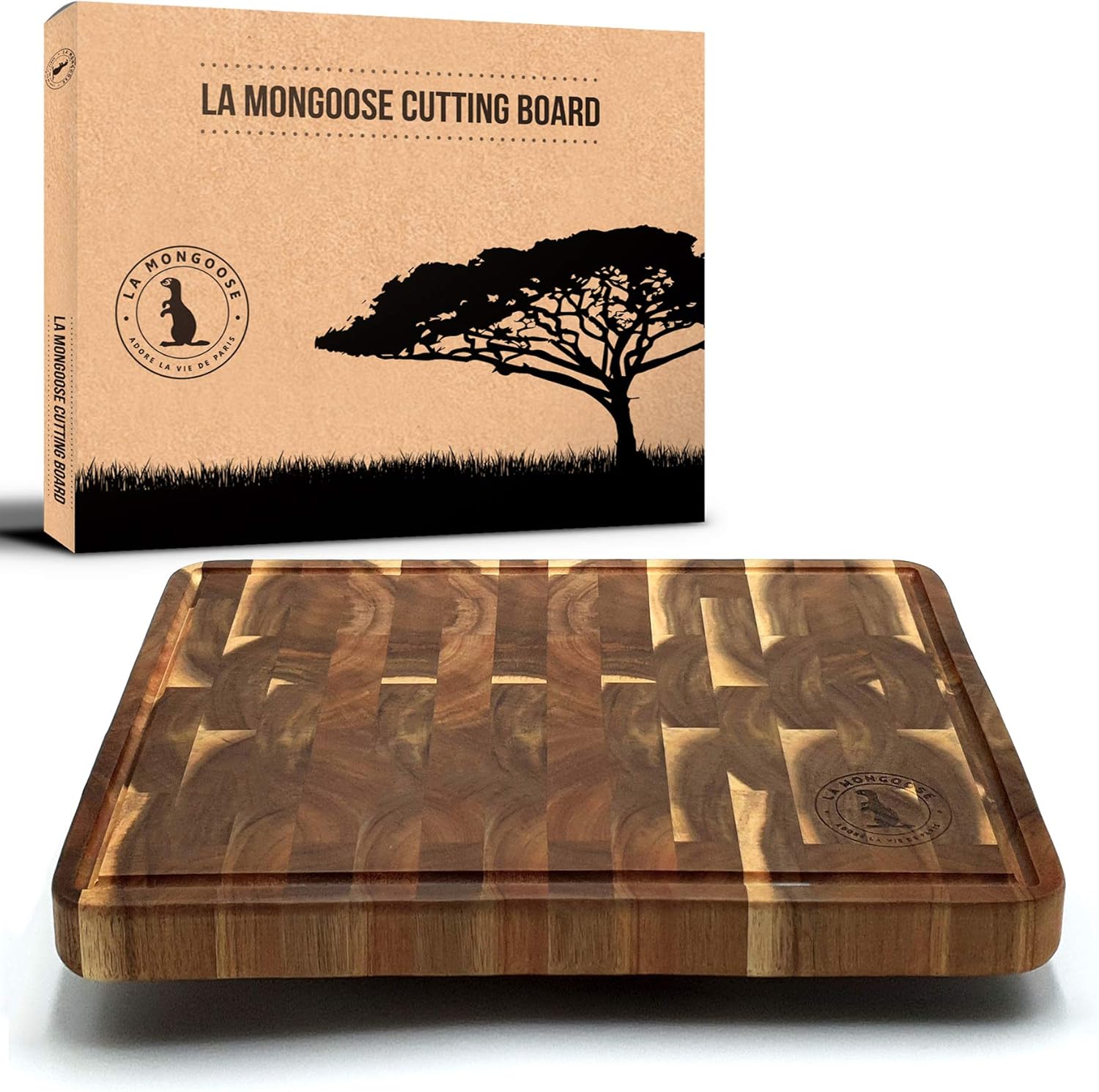 Acacia Wood Chopping Board 43 x 33 x 2.5cm ExtraLarge EndGrain with Juice Groove & Hand