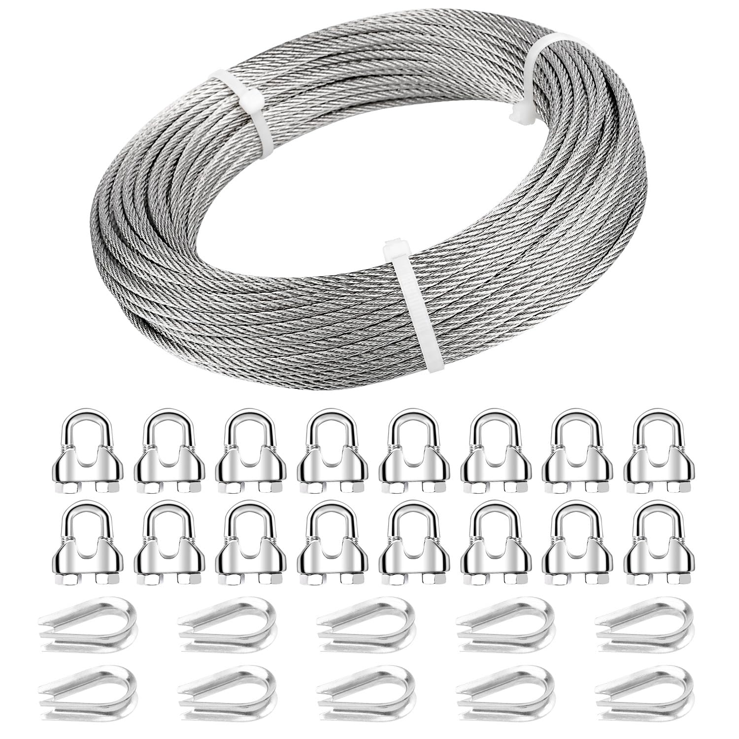 Photo 1 of 3/16 Wire Rope, 50ft 3/16 Stainless Steel Cable Wire, 7x19 Strand Aircraft Cable Wire Rope Kit, 3700lbs Breaking Strength with 3/16 Cable Clamps,Thimble for Deck Railing Shade Sails String Lights