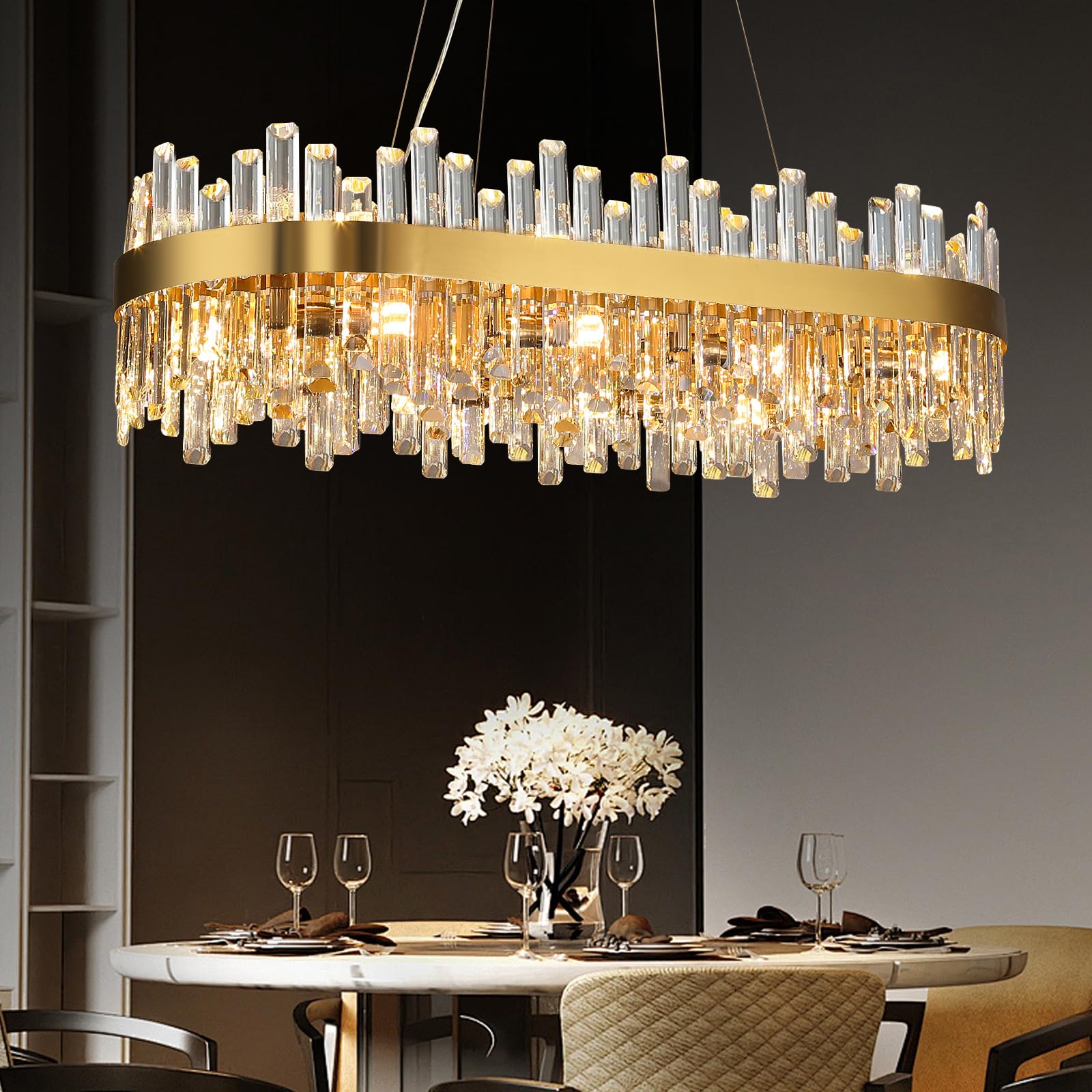 Photo 1 of VLHUD Luxury Modern Crystal Chandelier, L40'' Dining Room Chandelier Over Table, 16 Lights Rectangle Oval Flush Mount Pendant Light Gold Dining Room Light Fixture, for Kitchen Island & Living Room