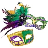MYSEUNI 2025 New Masquerade Mask with Feather for Couples - Women's Masquerade Mask with Feather & Men Venetian Costume Mask