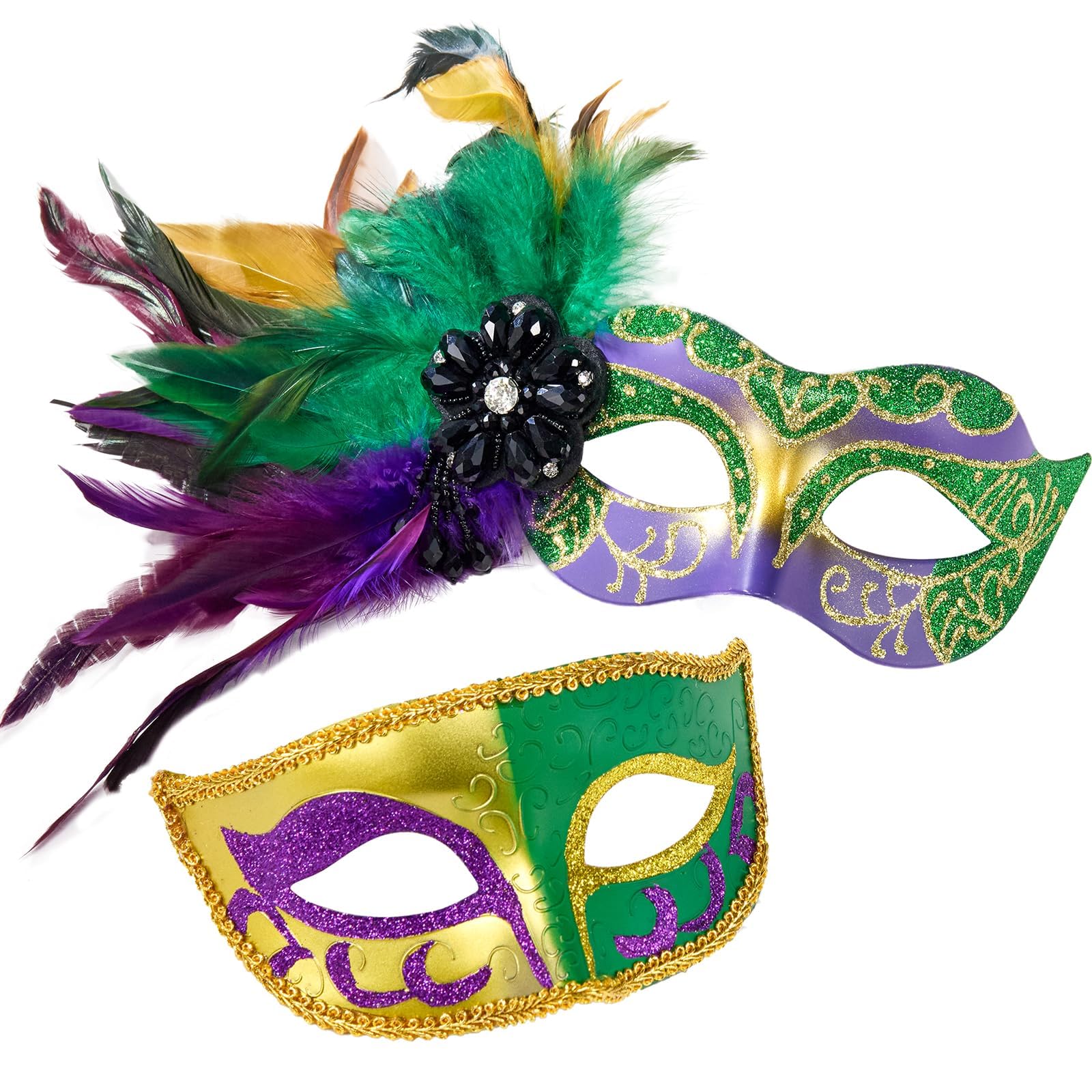 MYSEUNI Venetian Mardi Gras Mask with Feathers for Masquerade Ball Carnival Halloween Cosplay Theme Dance