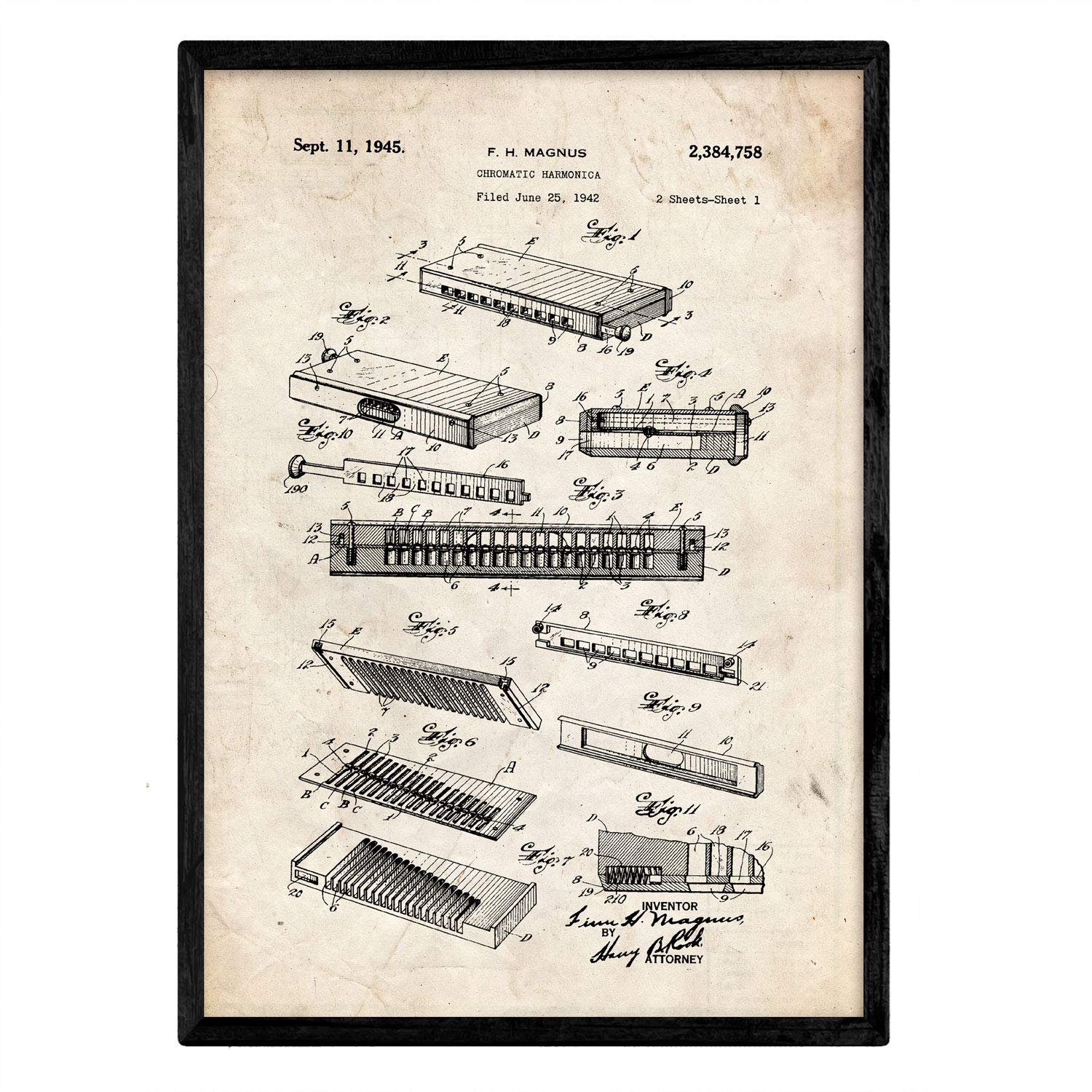 Nacnic Poster patent Harmonica. Sheet with old design patent in A3 size and vintage background — image 1