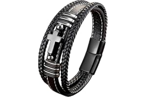 VA JENT Cross Leather Bracelet For Men Multilayer Braided Memorial Wristband Bangle Stainless Steel Buckle Religious Activities Holiday Gifts