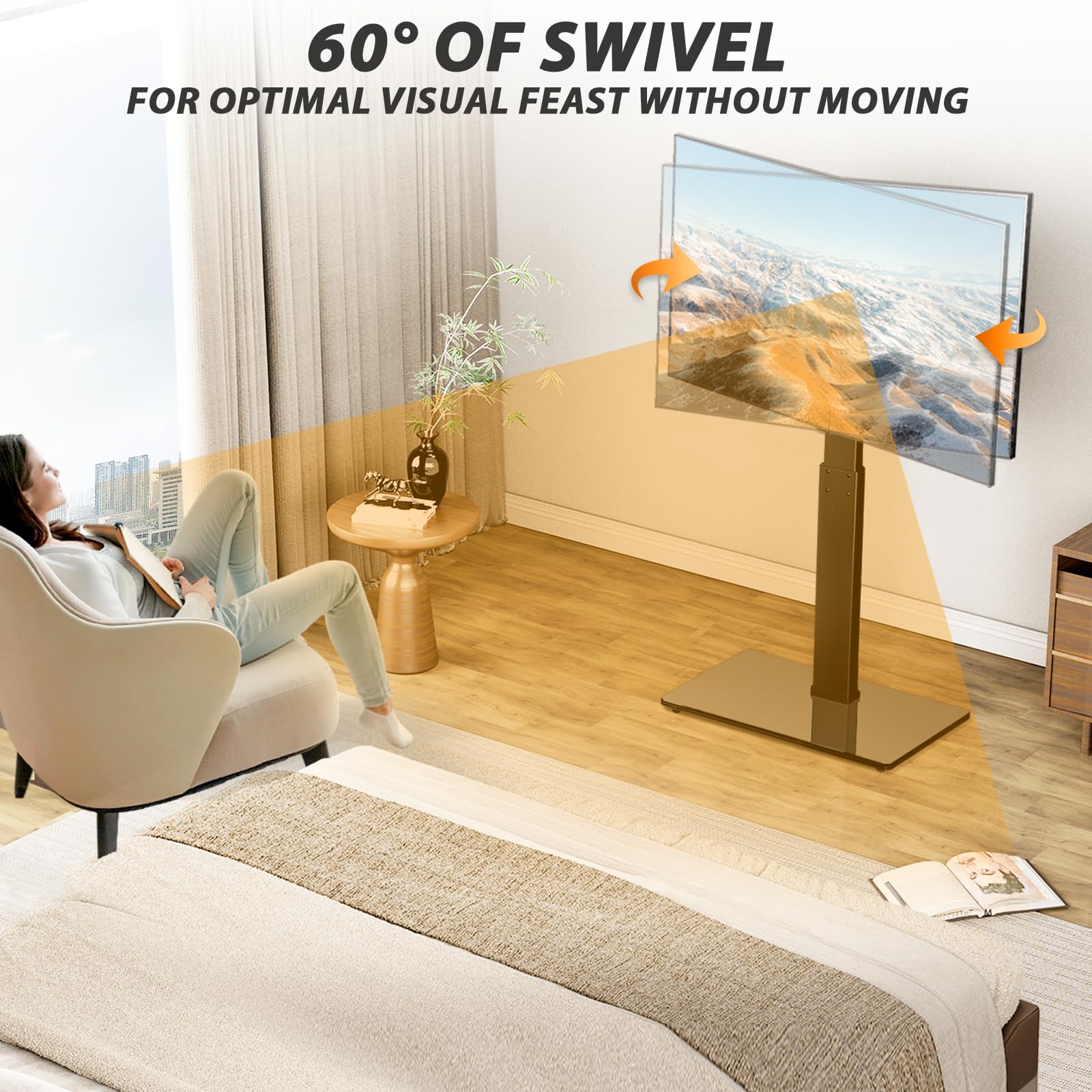 TAVR Universal Floor TV Stand Base for 32-75 Inch TVs up to 110 Lbs with Swivel Height Adjustable Mount, Black Tempered Glass Base for Media Storage and Space Saving