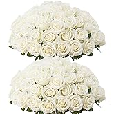 50 PCS Fake White Roses, Artificial White Flowers Bulk Realistic Silk Faux Roses with Stems for Wedding Decorations Table Centerpieces Bridal Bouquet DIY Floral Arrangement Event Party Home Decor