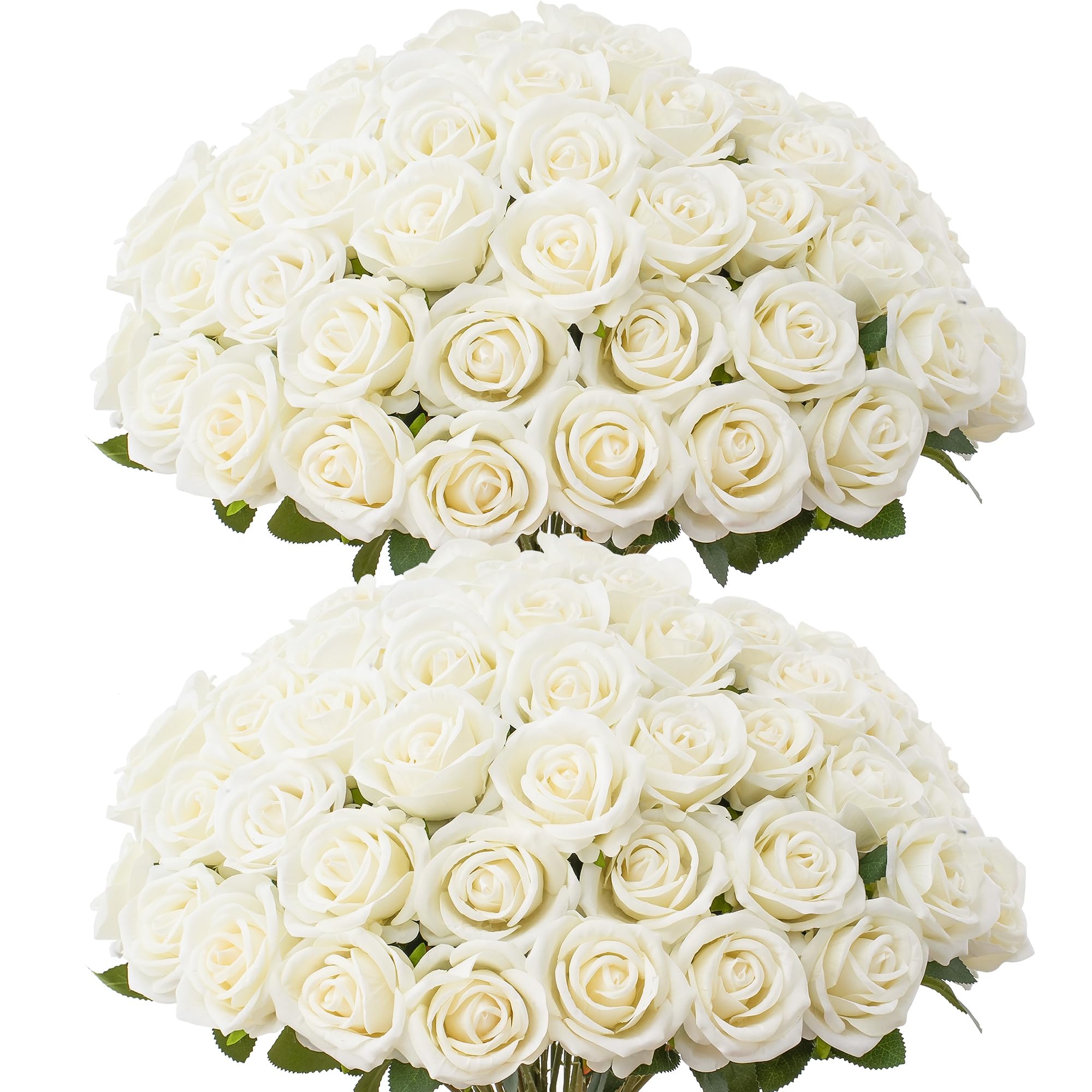 Photo 1 of 50 PCS Fake White Roses, Artificial White Flowers Bulk Realistic Silk Faux Roses with Stems for Wedding Decorations Table Centerpieces Bridal Bouquet DIY Floral Arrangement Event Party Home Decor