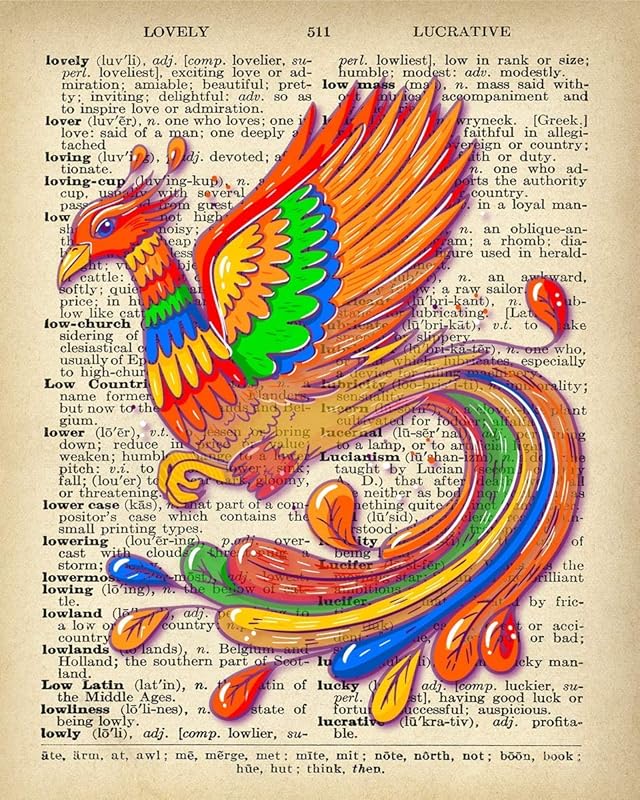 Colorful Phoenix Bird Dictionary Wall Art Prints - Gift Idea for House Warming Christmas Holidays - Decor Vintage Print Dictionary Wall Art Pictures Paintings UnFramed…