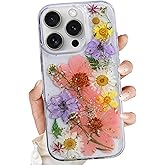 for iPhone 15 Pro Clear Case,Aesthetic Floral Phone Case with Pressed Real Flowers Design,Glitter Cute Floral Pattern Women's Phone Case Slim Soft TPU Protective Girl's Phone Cover for iPhone 15 Pro