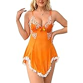 LOVESOFT Sexy Lingerie for Women Lace Deap V Babydoll Nightwear Spaghetti Strap Nightgown