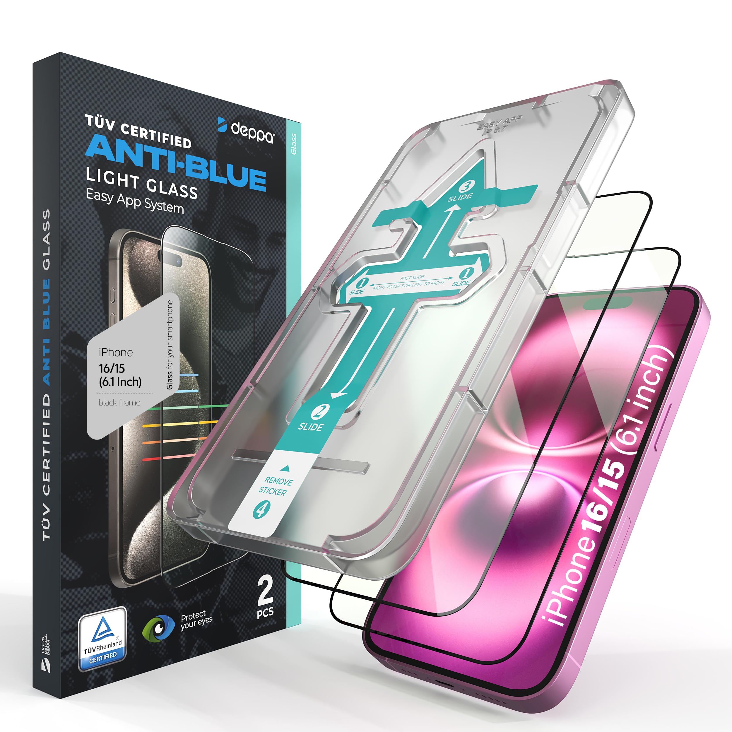 Deppa |2 Pack| Eye Safeguard Certified Anti-Blue Light Screen Protector for iPhone 15/Iphone 16 (6.1') Tempered Glass Edge to Edge Full Cover with Easy Installation Kit Tray