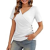 VOIANLIMO Women's Summer Tops Short Sleeve Slim Fitted Deep V Neck Cross Wrap Tunic T-Shirt Side ruched Shirring Tees