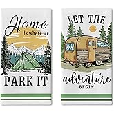 Croar Camping RV Kitchen Dish Towels Set of 2, Let The Adventure Begin Camper Tent Drying Hand Towel Baking Cooking Cloth, Farmhouse Forest Mountain Sun Campsite Home Decoration 18 x 26 Inches