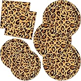 CC HOME Leopard Print Birthday Paper Plates Disposable Tableware Set Supplies Tissue Theme Dinnerware Cutlery Kits Serves 24 Guests 88PCS