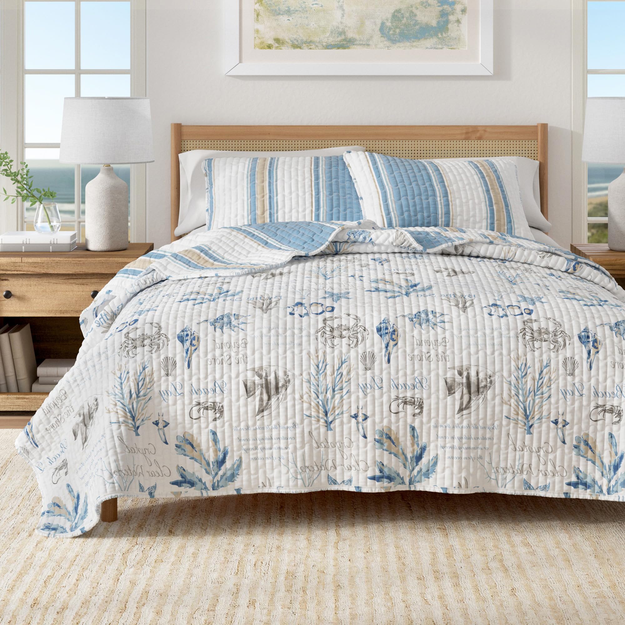 Photo 1 of 3-Piece King / California King Microfiber Quilt Set with Shams - Reversible Stripe / Coastal Print, Lightweight, Layerable Bedding Set - Nautical Bedspread for All Seasons (Stripe/Ocean Stories)