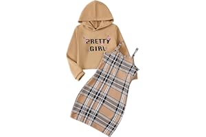 YOURUIKEY Girls 2 Piece Outfits Cami Dresses Hoodie Clothing Set Plaid Bodycon Dress Crop Top Sweatshirt Fall Winter Clothes