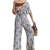 CUPSHE Women's Summer Jumpsuit Short Sleeve V Neck Self Tie Tropical Floral Wide Leg Beach Vacation Romper
