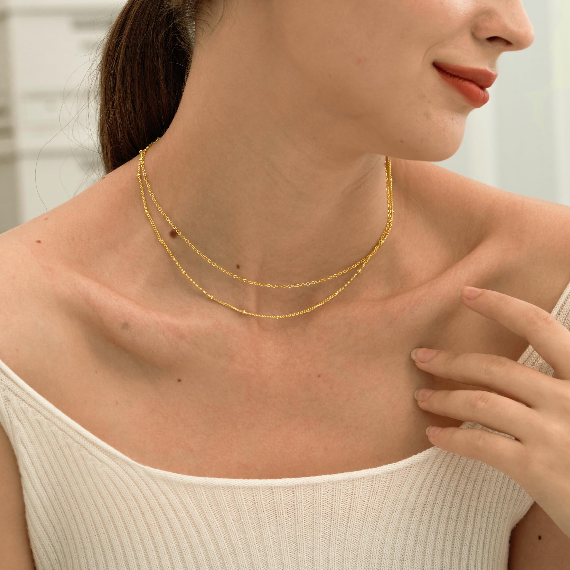 CHESKY 14k Gold Plated/Silver Plated Dainty Necklace for Women, Trendy Satellite Choker Necklace Thin Beaded Layered Choker Necklaces Discs Paperclip Chain Necklaces Womens Simple Jewelry