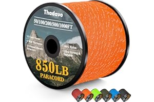 Thadavo Reflective Paracord Rope 850Ib, 50/100/200/500/1000ft 4MM 11 Strand Strong Heavy-Dut Parachute Spool Cord, para Cord Lanyard for Clothsline, Hammock, Camping, Hiking, Survival, Orange 100FT