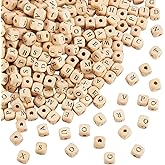 PH PandaHall 1060pcs 10mm Alphabet Wooden Beads Random Natural Square Wooden Beads 3~4mm Hole Wood Loose Bead with Initial Letter Cube Bead for Jewelry Making and DIY Projects