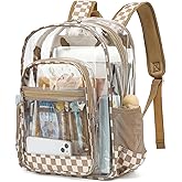 Dezcrab Clear Backpack for School Girls Boys, Heavy Duty Transparent Backpack Kids See-Through Clear Bookbag (Checkered Khaki)