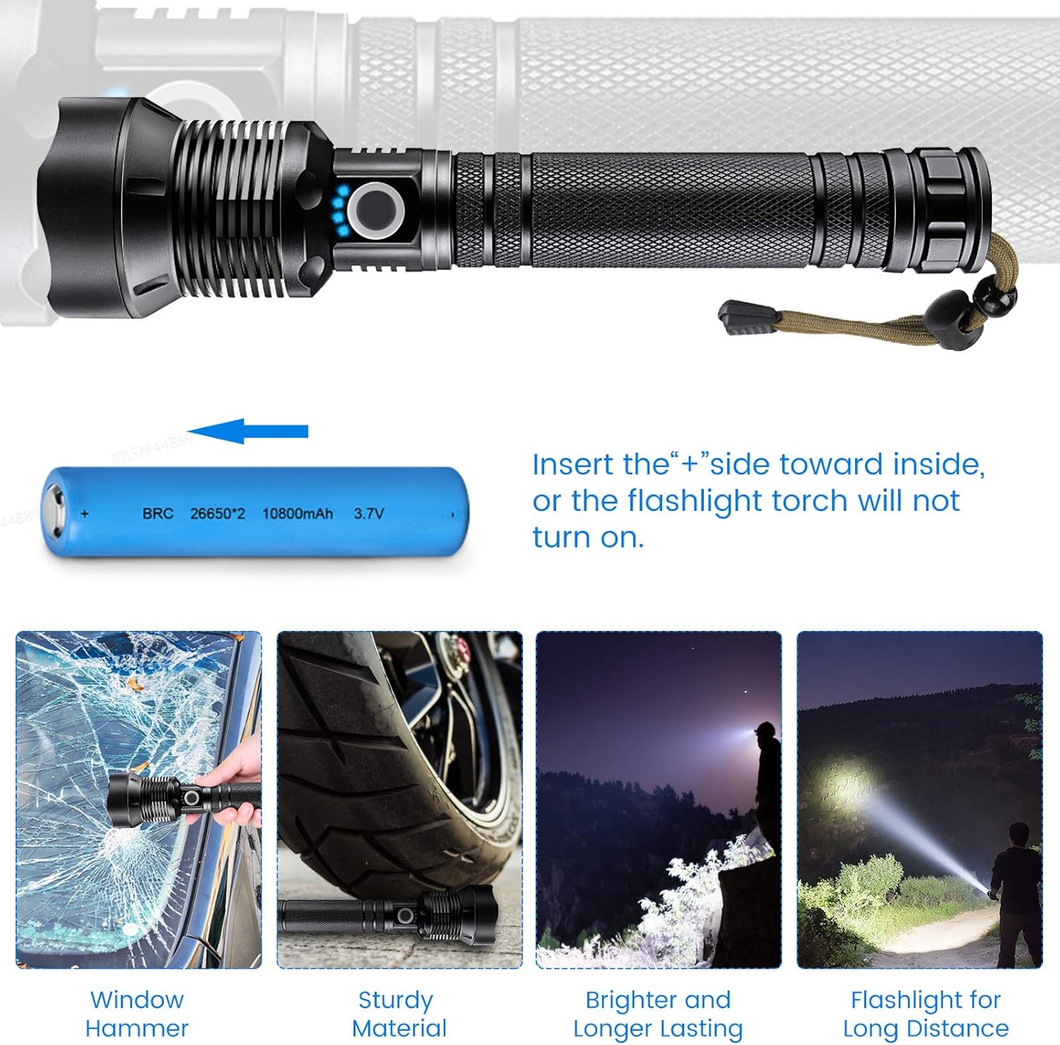 LIUMY XHP70.2 Tactical Flashlight, Super Bright 90000 Lumens LED Flashlight with 10000mAh Parallel Battery, Zoomable&IPX5 Waterproof&USB Rechargeable, 3 Modes Searchlight for Outdoor, Emergency - - 