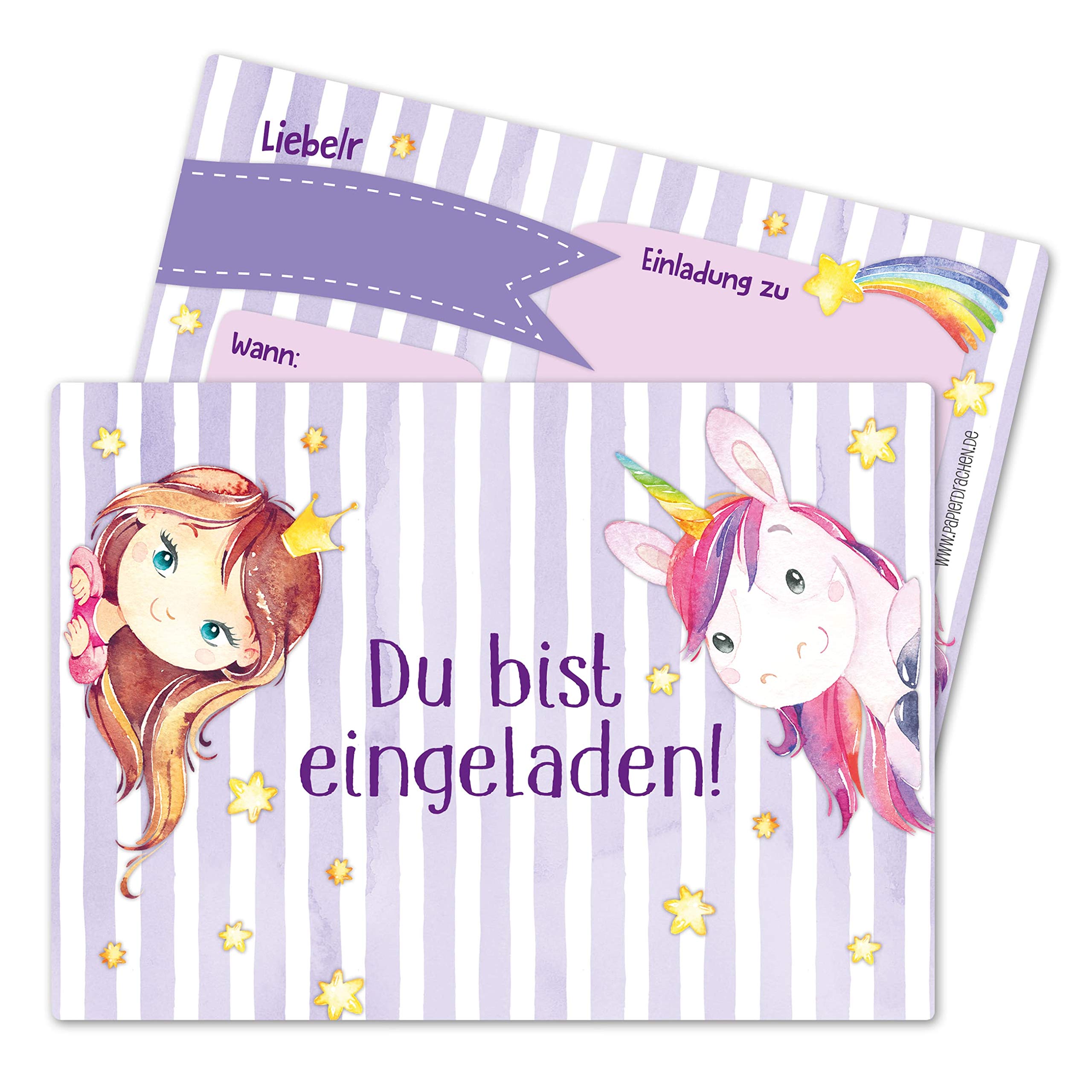 Papierdrachen 12 Invitation Cards for Children's Birthday Party for Girls - Fairy and Unicorn Motif - Birthday Invitations for Your Birthday Party (DIN A6 with Rounded Corners)