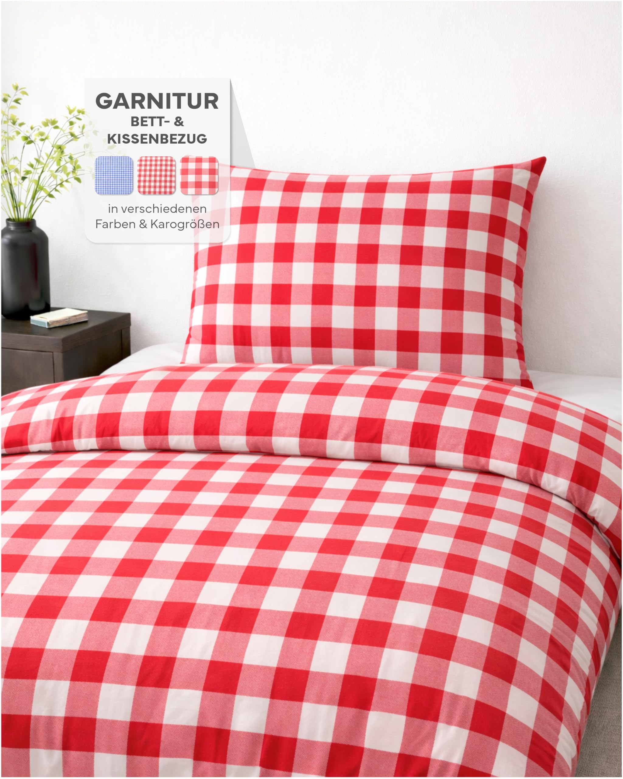 TextilDepot24 Country House Checked Duvet Set Bed Cover 135 x 200 cm + 80 x 80 cm 20 mm Chequered Red